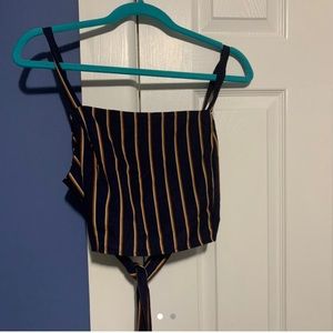 yellow/navy cropped zip up tie top